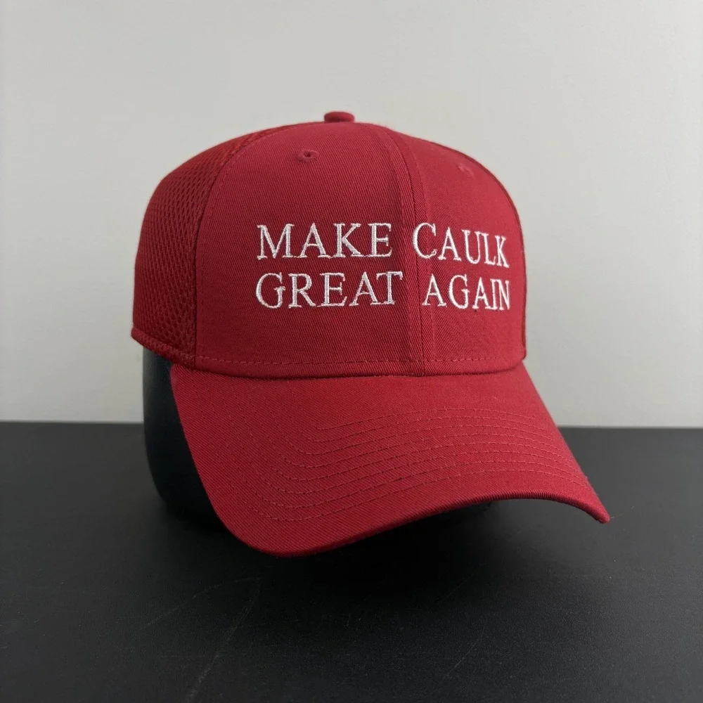 New Era 39THIRTY Make Caulk Great Again Hat Red Mesh Parody Cap Stretch Fit M/L
